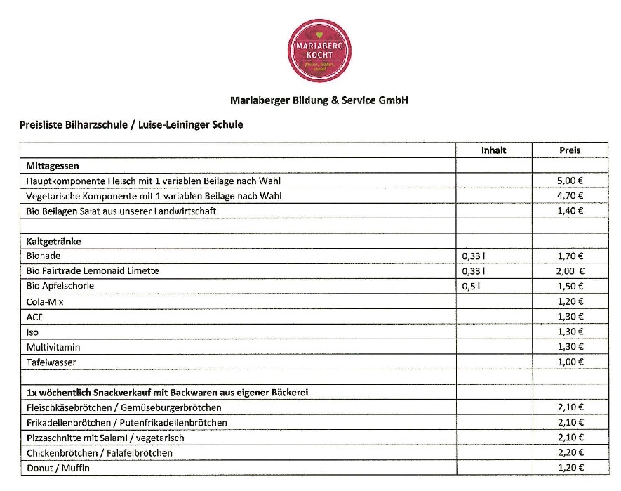 Preisliste (leider nur als Grafik vorhanden)